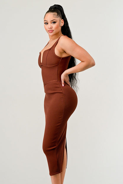 autumn midi dress with bandage design in rich brown color