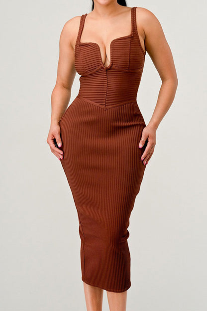 autumn midi dress with bandage design in rich brown color