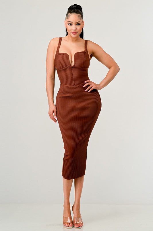 autumn midi dress with bandage design in rich brown color worn by model