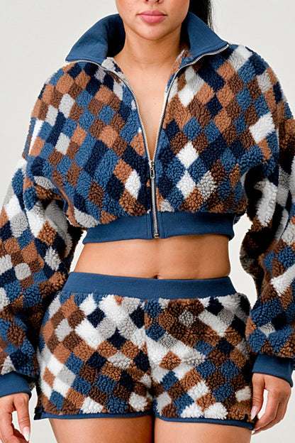 Checker print two piece set featuring a cozy jacket and shorts in trendy plaid design.