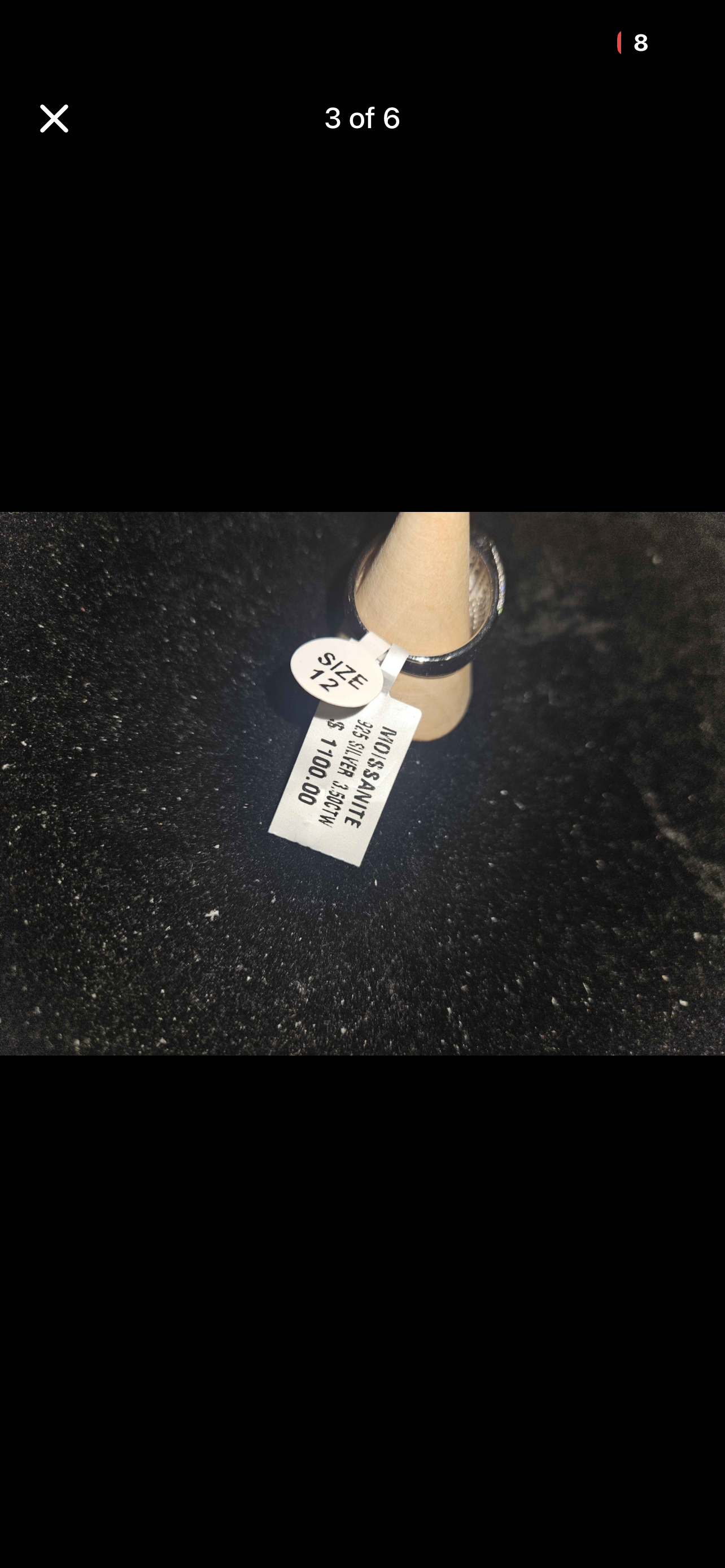 3.50CT Moissanite Statement Ring – 925 Sterling Silver | Size 12 displayed on a ring holder with price tag.