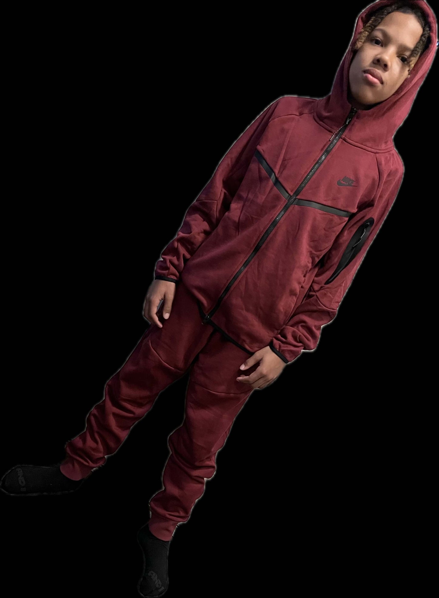 Alt Tag: Men’s Tech Lightweight Fleece Sweatsuit, Hoodie Jogger Set, Street Luxe Tracksuit maroon zip hoodie and tapered joggers