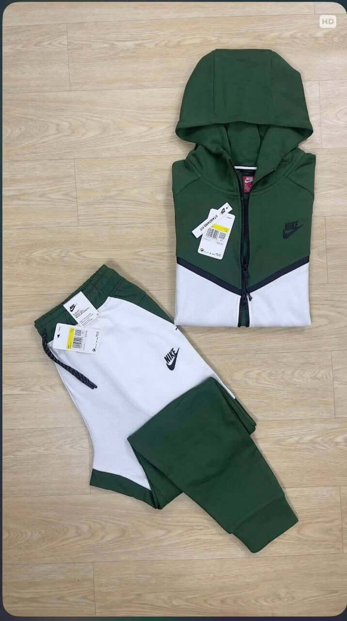 Men’s Tech Lightweight Fleece Sweatsuit, Hoodie Jogger Set, Street Luxe Tracksuit green and white zip hoodie with tapered joggers flat lay