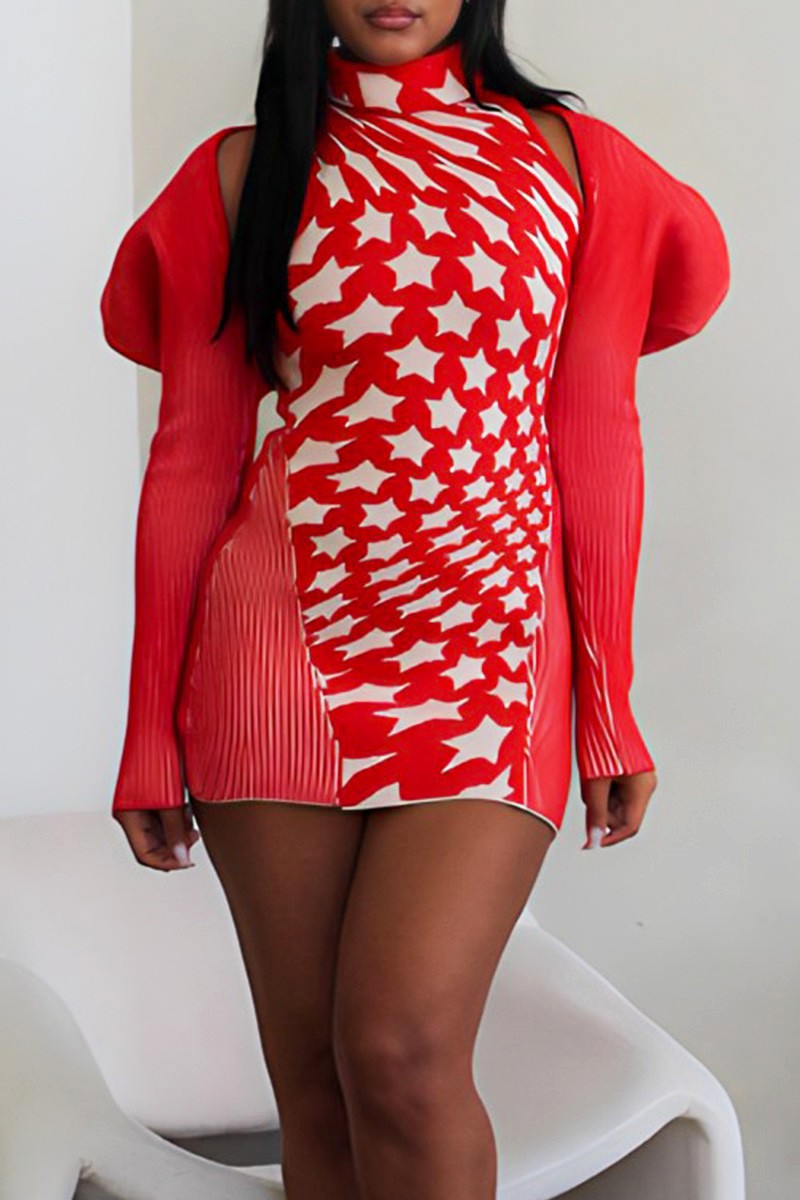 Red star print cut-out shoulder sweater mini dress by ATHINA RETAIL, featuring long sleeves and a fitted silhouette.