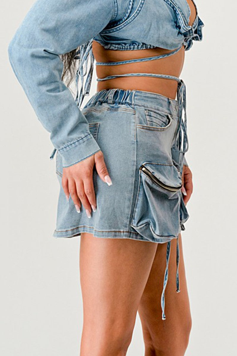 Denim Daze Wrap Skirt featuring adjustable drawstrings and a zippered side pocket, a stylish denim wrap skirt.
