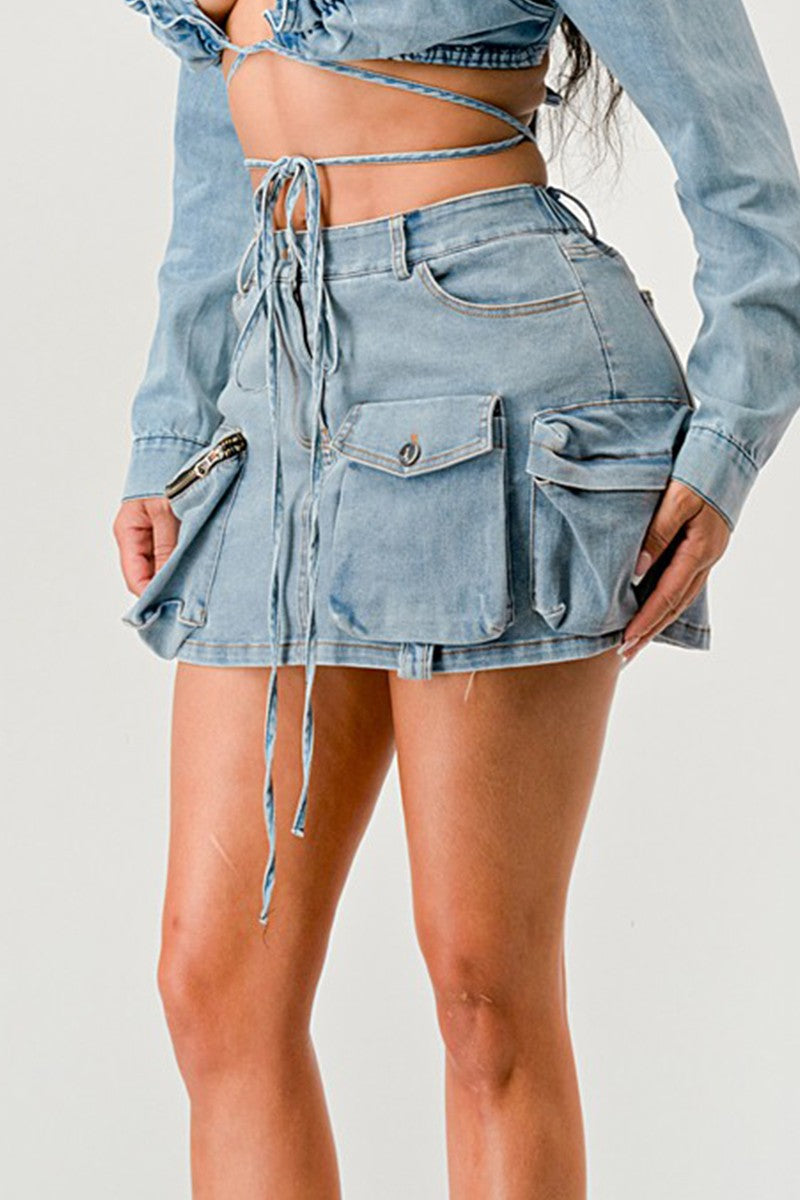 Denim Daze Wrap Skirt featuring adjustable drawstrings and side pocket zipper detail.