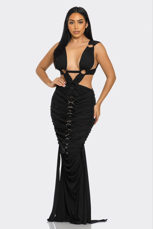 Sahara Mystique Pleated Gown in black, an elegant pleated gown for special occasions featuring unique bodice and pleated design.