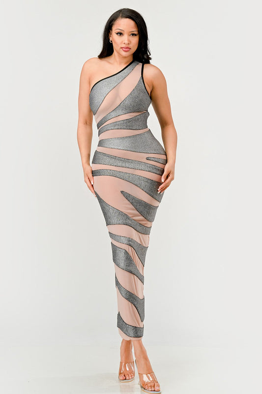 Model wearing a metallic bandage mesh dress with an asymmetric neckline and nude mesh inserts.