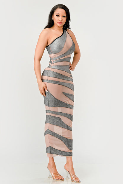 Model wearing a metallic bandage mesh dress with an asymmetric neckline and nude mesh inserts.