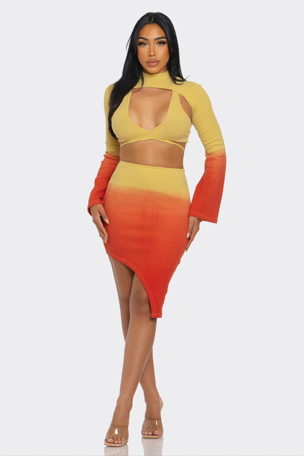 Model wearing sunset ombre 3 piece set with a bold gradient design from yellow to orange.