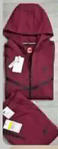 Men’s Tech Lightweight Fleece Sweatsuit in maroon with zip hoodie and joggers displayed flat.