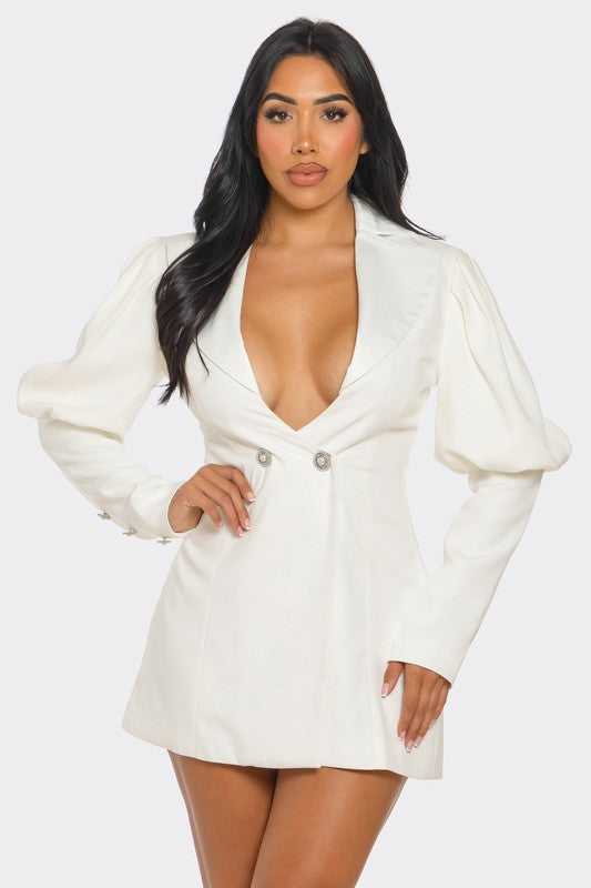 Ivory blazer dress featuring puff sleeves and deep V-neckline, perfect for formal and semi-formal events.