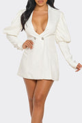 Ivory blazer dress featuring puff sleeves and a deep V-neckline, perfect for formal and semi-formal events.