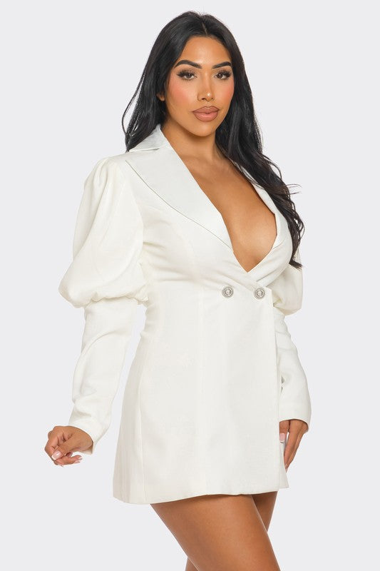 Elegant ivory blazer dress with puff sleeves and deep V-neckline, perfect for formal events.
