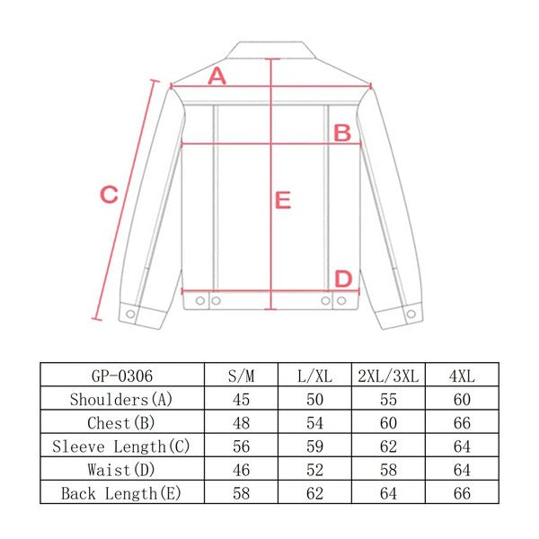 Size chart for Radiant Pearls Rhinestone Denim Jacket showing measurements for various sizes.