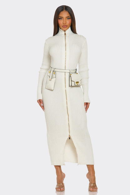Ribbed Knit Utility Midi Dress featuring a full front zipper and removable belt with dual pouches, styled for fashion and function.