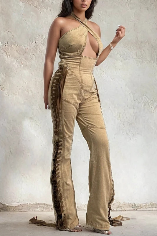 camel crisscross denim jumpsuit with lace-up details and halter neckline