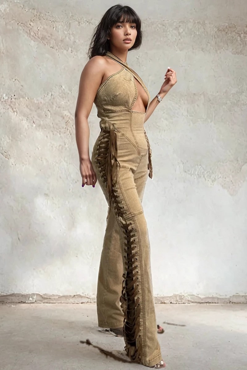 camel crisscross denim jumpsuit showcased on model with lace-up details