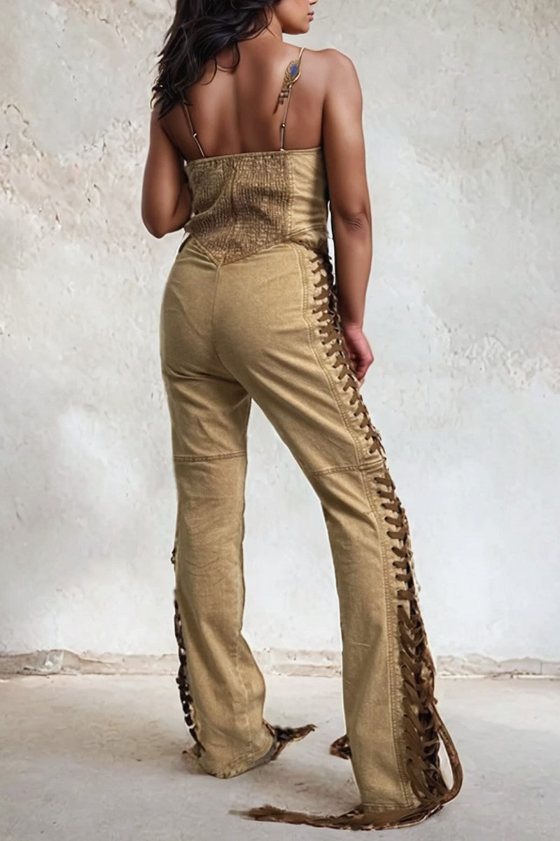 camel crisscross denim jumpsuit showcasing lace-up detail and flared hemline from the back view.