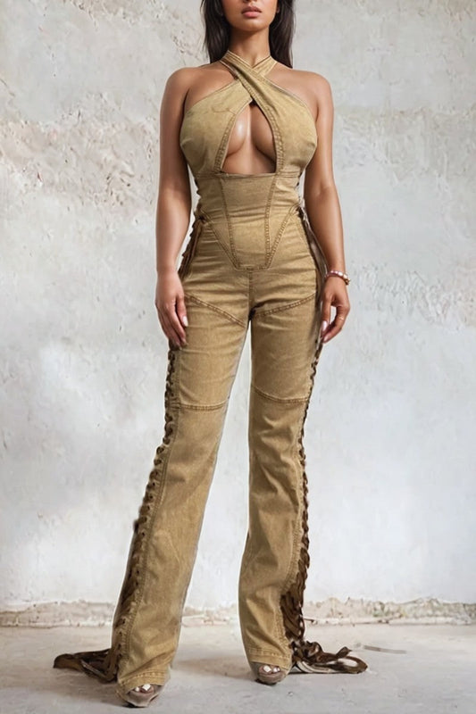 Camel crisscross denim jumpsuit featuring a halter neckline and lace-up detail on the sides, perfect for chic outings.