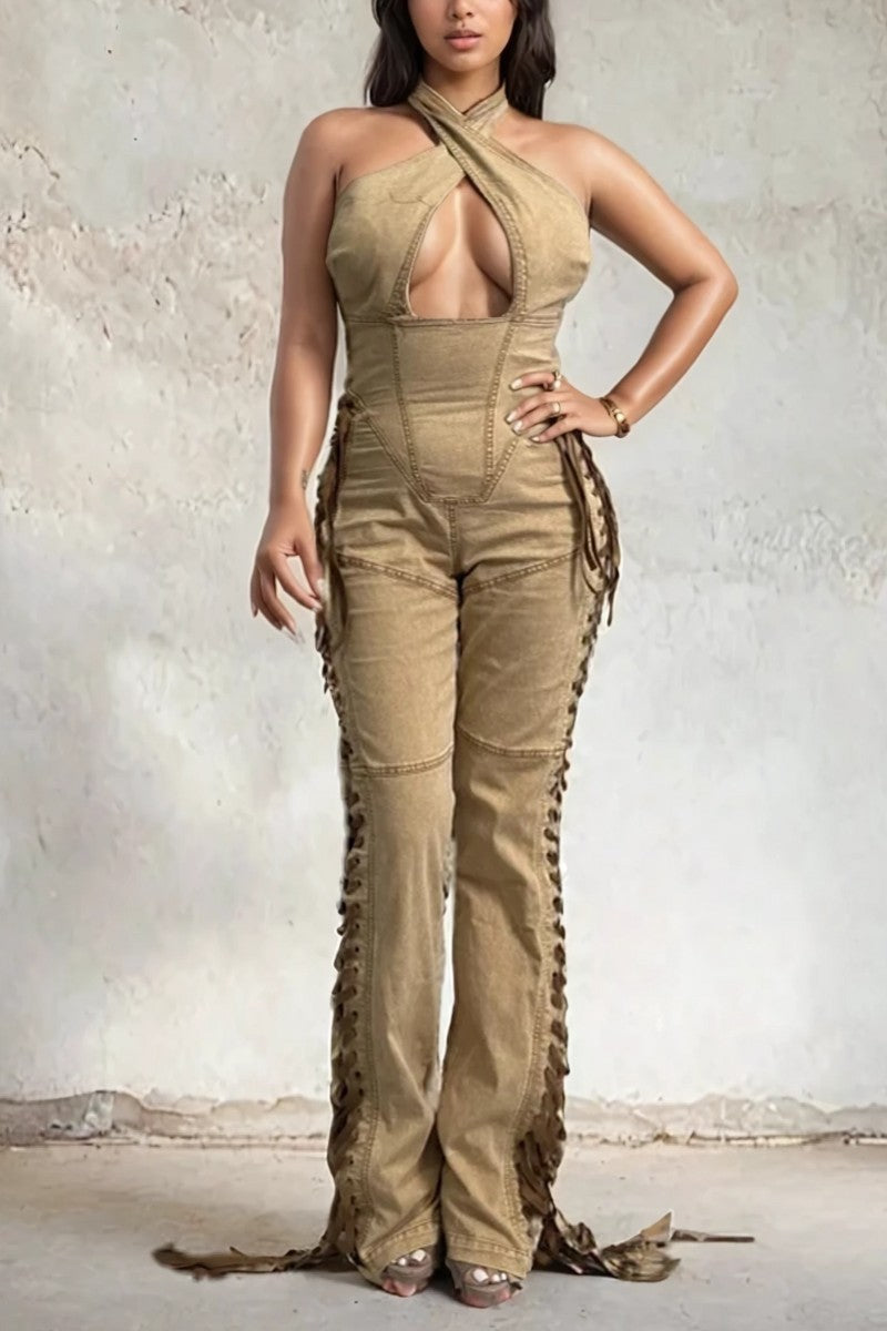 Camel crisscross denim jumpsuit featuring lace-up side details and a halter neckline.