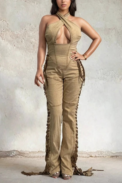 Camel crisscross denim jumpsuit featuring lace-up side details and a halter neckline.