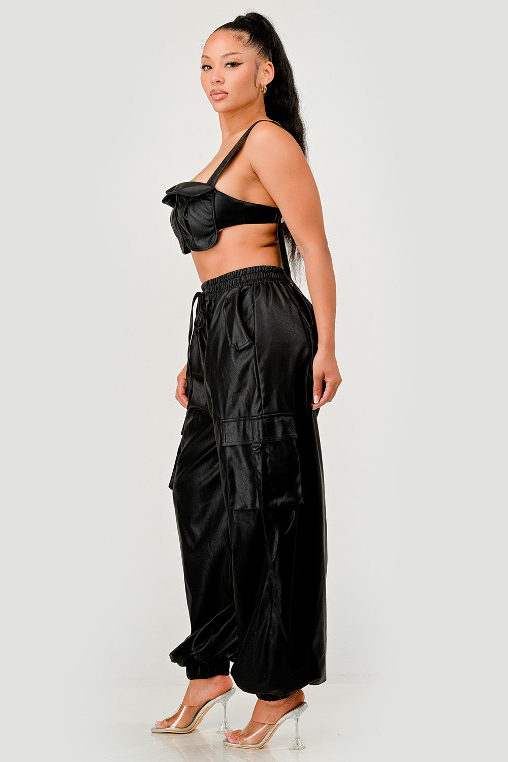 Black utility crop top cargo pants set worn by model.