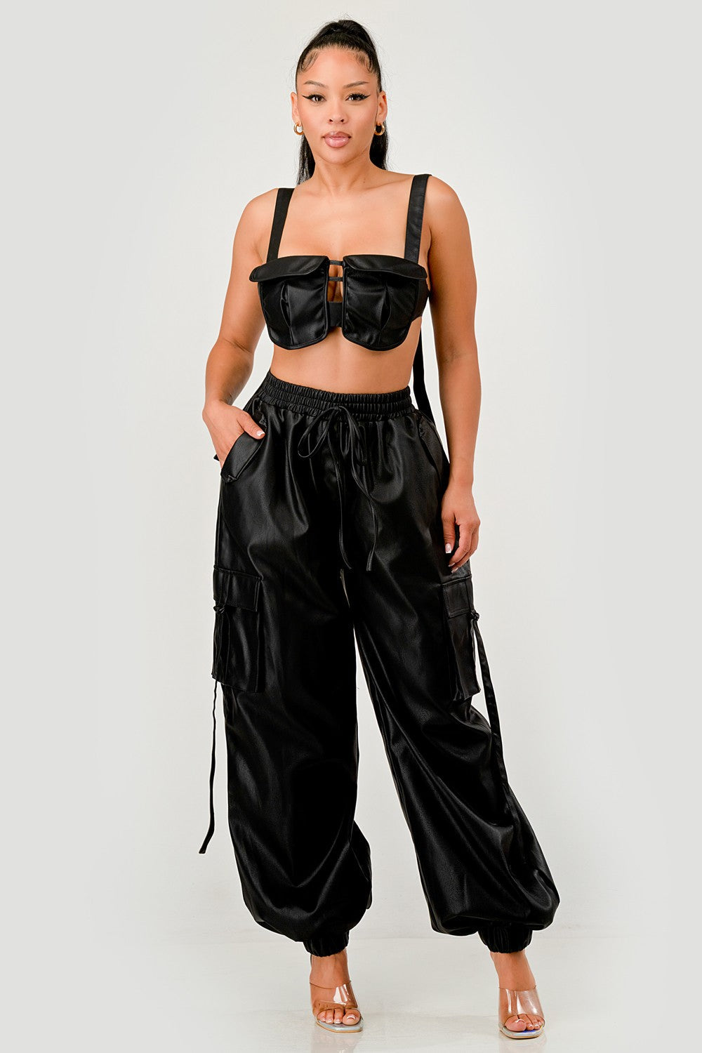 black utility crop top cargo pants set featuring a model in a stylish two-piece outfit.