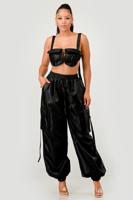 black utility crop top cargo pants set featuring a model in a stylish two-piece outfit.