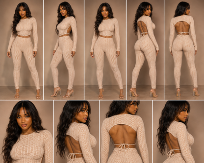 Honeycomb Open Back Leggings Set – Textured 2 Piece Outfit - Rose In Concrete 🥀