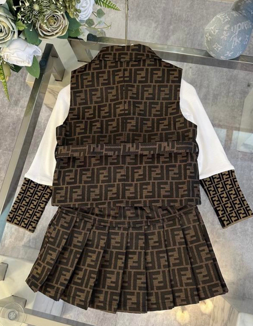 Girls’ Fashion 3-Piece Set – Monogram Vest, Skirt & Long Sleeve Top