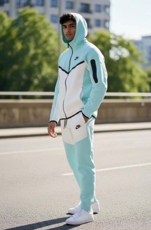 Men’s tech lightweight fleece sweatsuit in mint color, featuring zip hoodie and joggers for stylish comfort.
