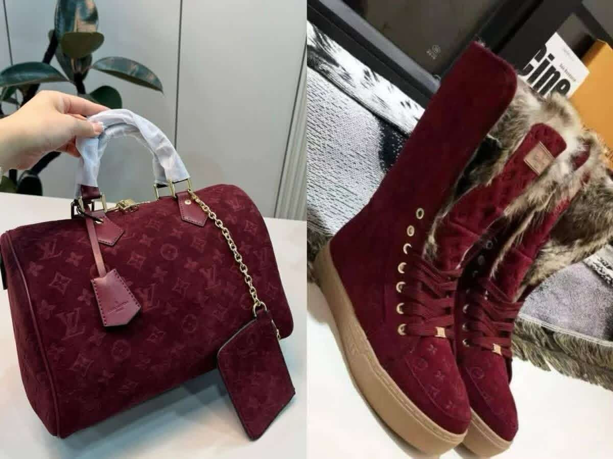 Suede Monogram Winter Set – Fur-Lined Boots + Matching Handbag (2-Piece Bundle) for stylish cold-weather fashion.