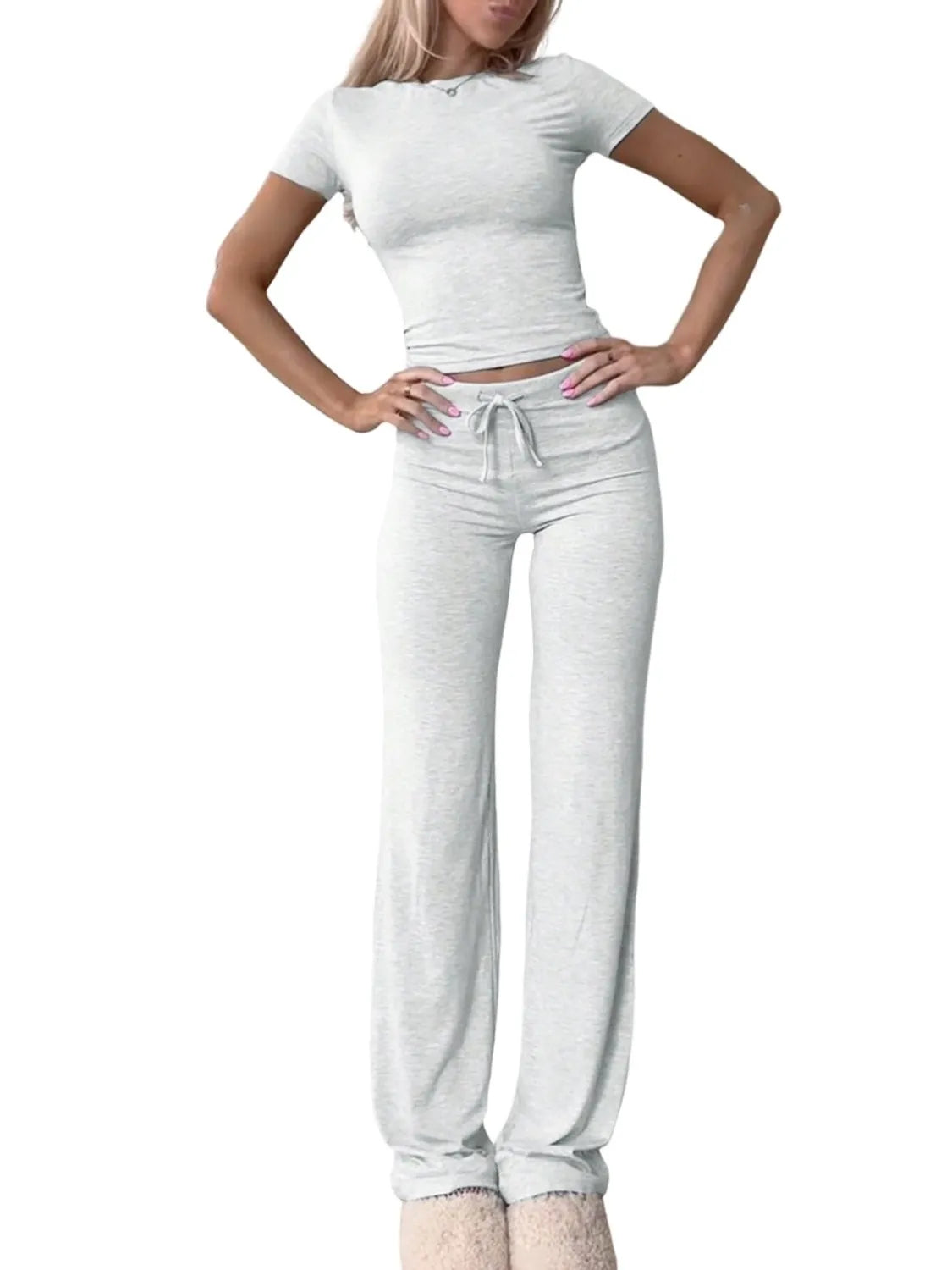 Round Neck Short Sleeve Top and Pants Set in light gray, featuring a drawstring for comfort and style.