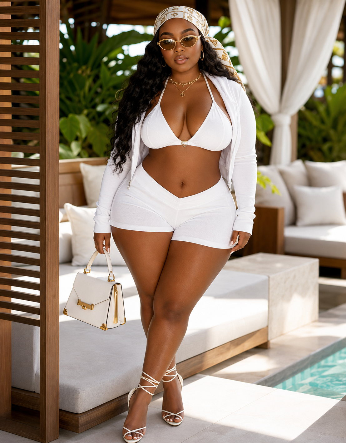Heartline 3-piece halter bra set styled with a zip hoodie and shorts, perfect for casual summer days.