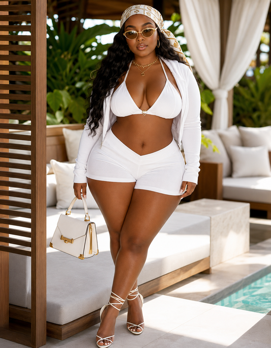 Heartline 3-piece halter bra set styled with a zip hoodie and shorts, perfect for casual summer days.