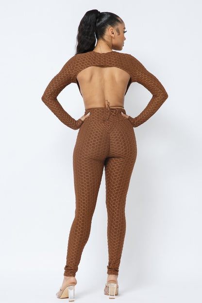 Honeycomb Open Back Leggings Set – Textured 2 Piece Outfit - Rose In Concrete 🥀