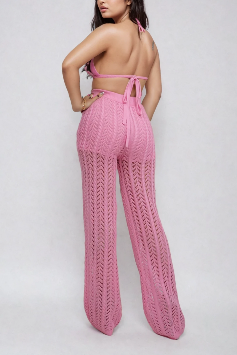 Pink crochet halter top and wide-leg pants set by ATHINA RETAIL, featuring a stylish coordinated outfit with textured fabric and relaxed fit.