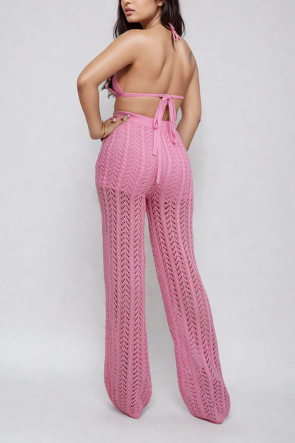 Pink crochet halter top and wide-leg pants set by ATHINA RETAIL, featuring a stylish coordinated outfit with textured fabric and relaxed fit.