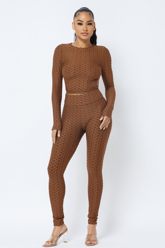 Honeycomb Open Back Leggings Set – Textured 2 Piece Outfit - Rose In Concrete 🥀