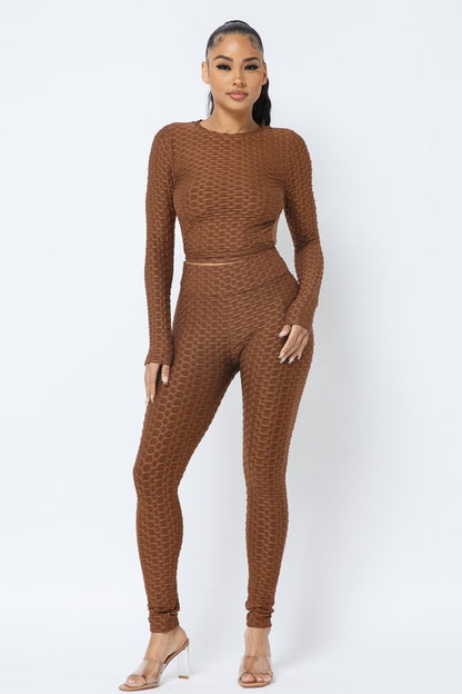 Honeycomb Open Back Leggings Set – Textured 2 Piece Outfit - Rose In Concrete 🥀