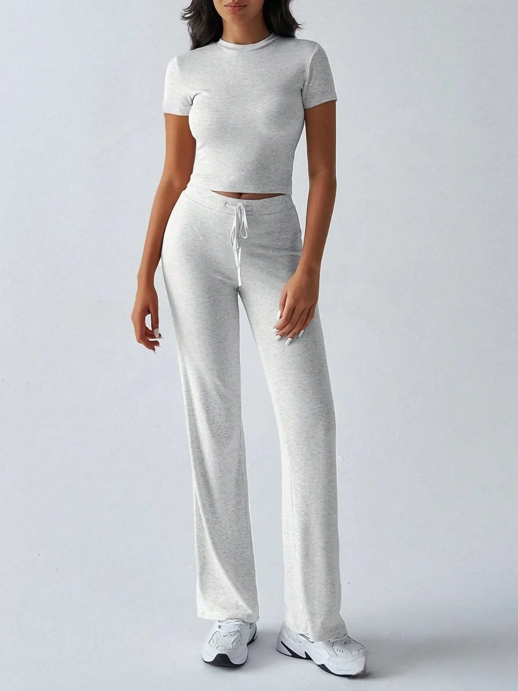 Round Neck Short Sleeve Top and Pants Set in light gray with drawstring for a comfortable fit.
