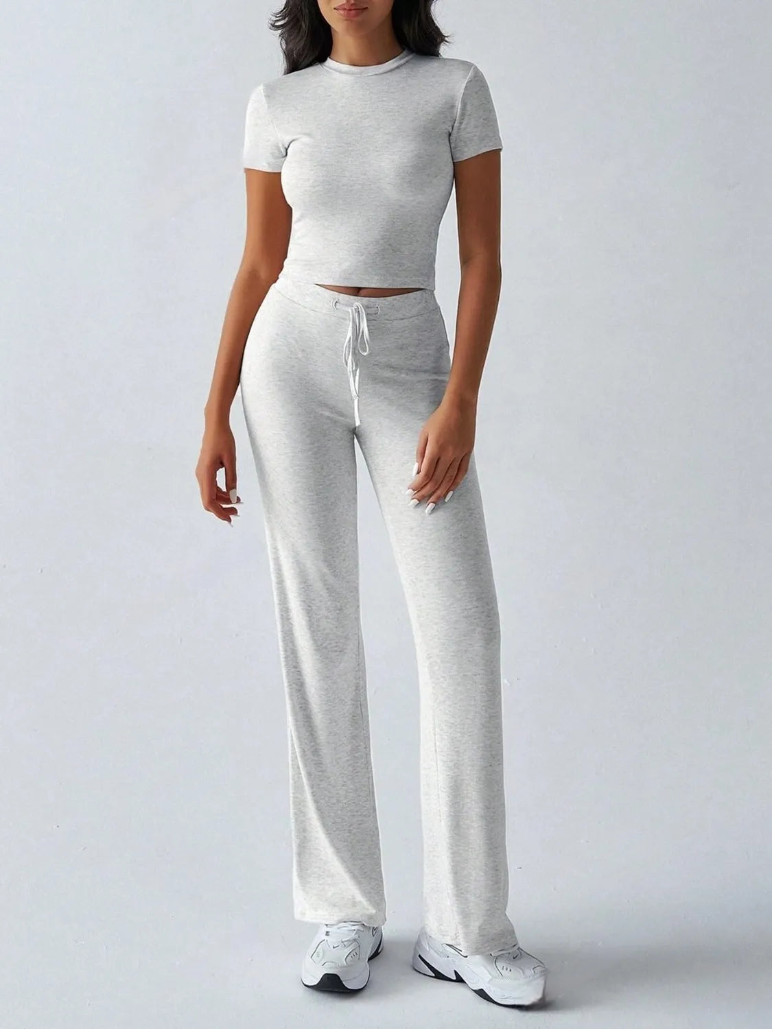 Round Neck Short Sleeve Top and Pants Set in light gray with drawstring for a comfortable fit.