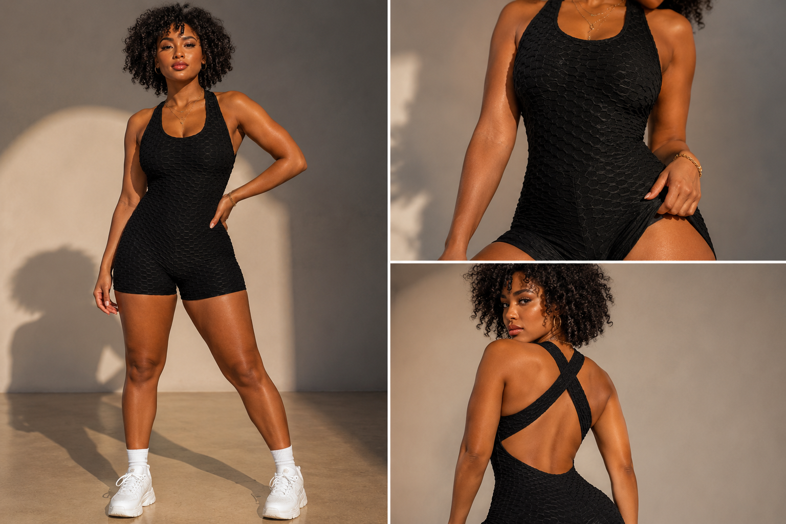 Textured bodycon romper showcasing curves with a sporty cross-back design and honeycomb texture.