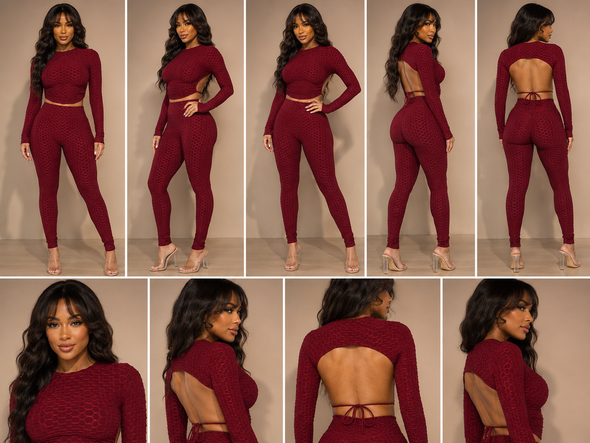 Honeycomb Open Back Leggings Set – Textured 2 Piece Outfit showing various angles and details of the stylish set.