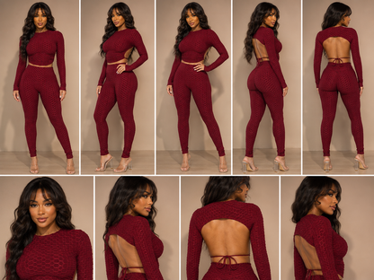 Honeycomb Open Back Leggings Set – Textured 2 Piece Outfit showing various angles and details of the stylish set.