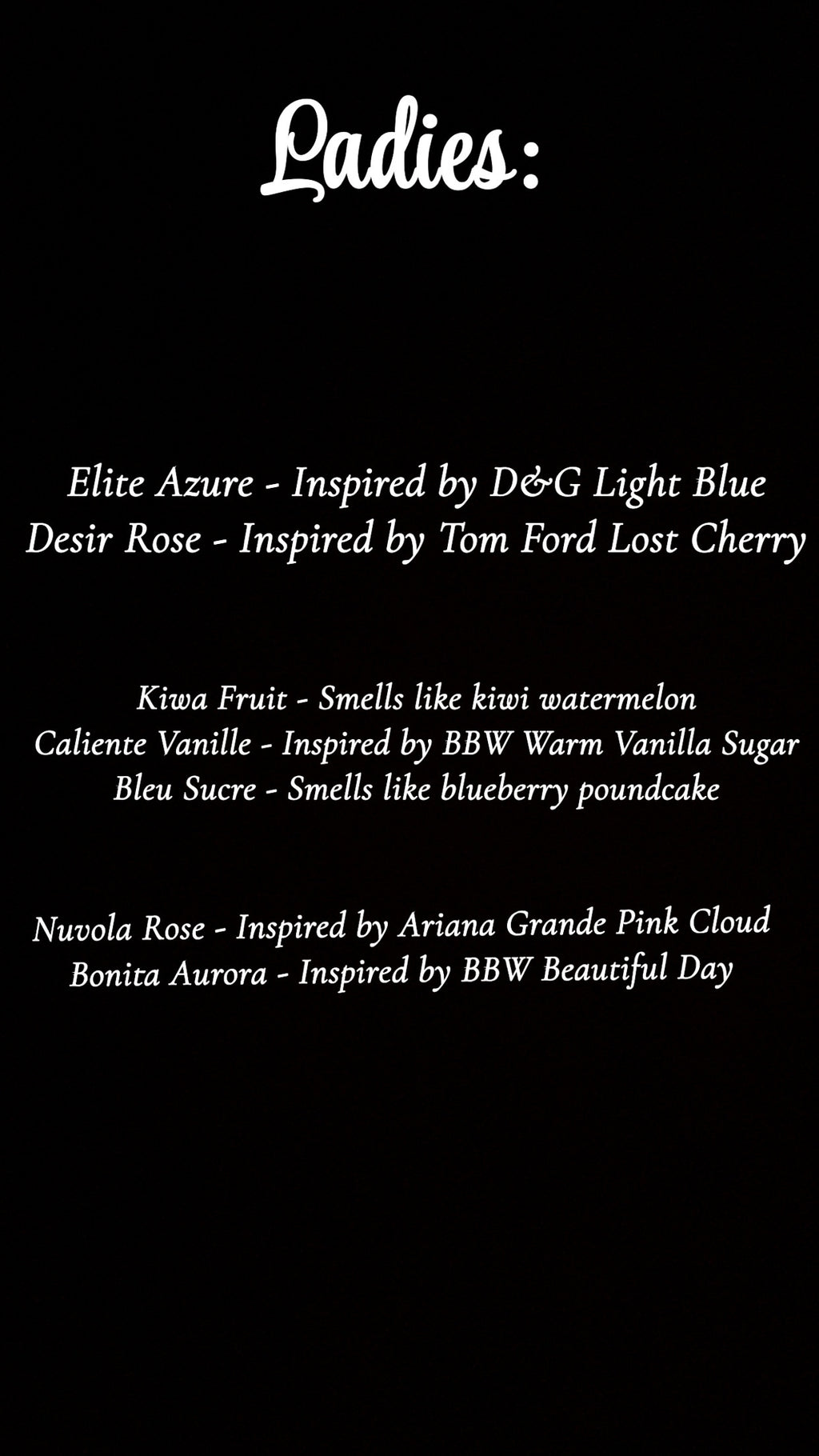 List of ladies' fragrances inspired by popular scents including Elite Azure and Nuwola Rose.