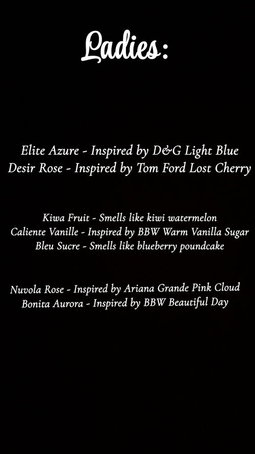 List of ladies' fragrances inspired by popular scents including Elite Azure and Nuwola Rose.