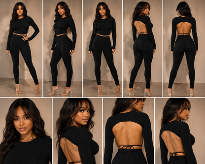 Honeycomb Open Back Leggings Set – Textured 2 Piece Outfit featuring an open back and high-waisted leggings.