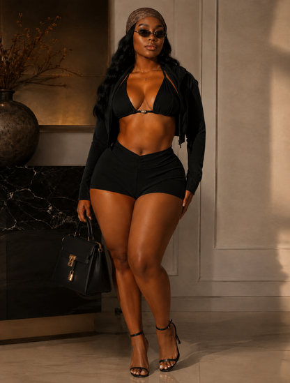 Heartline 3-piece halter bra set featuring a triangle halter top, cropped hoodie, and matching shorts in black.